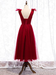 A Line V Neck Red Tea Length Evening Prom Dress with Corset Back, Red Tea Length Formal Graduation Dress