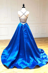 A Line V Neck Royal Blue Backless Evening Prom Dress, Open Back Royal Blue Formal Evening Graduation Dress