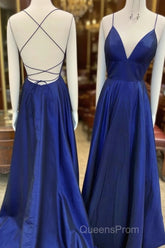 A Line V Neck Royal Blue Backless Evening Prom Dress, Royal Blue Backless Formal Evening Bridesmaid Dress