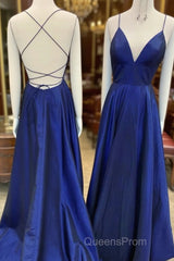 A Line V Neck Royal Blue Backless Evening Prom Dress, Royal Blue Backless Formal Evening Bridesmaid Dress