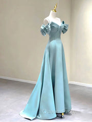 A-Line V Neck Satin Blue Long Evening Prom Dress, Blue Evening Dress