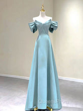 A-Line V Neck Satin Blue Long Evening Prom Dress, Blue Evening Dress