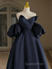 A-Line V Neck Satin Dark Blue Long Evening Prom Dress, Dark Blue Long Formal Dress