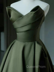 A-Line V Neck Satin Green Long Evening Prom Dress, Green Long Formal Dress