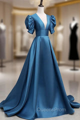 A-Line V Neck Satin Long Evening Prom Dress, Blue Satin Long Evening Dress