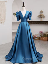 A-Line V Neck Satin Long Evening Prom Dress, Blue Satin Long Evening Dress