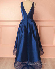 A Line V-Neck Satin Long Evening Prom Dress With Lace