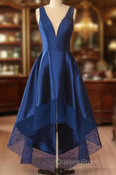 A Line V-Neck Satin Long Evening Prom Dress With Lace