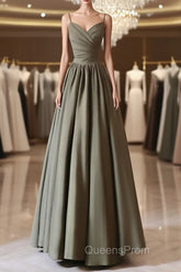 A-Line V Neck Satin Olive Green Long Evening Prom Dress, Olive Green Long Evening Dress