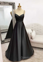 A-line Sweetheart Spaghetti Straps Satin Long Evening Prom Dress with Pleated