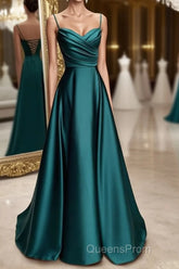 A-line Sweetheart Spaghetti Straps Satin Long Evening Prom Dress with Pleated