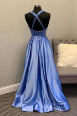 A-Line V Neck Satin Unique Long Evening Prom Dress Formal Gowns