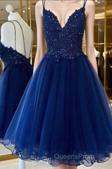 A Line V Neck Short Blue Evening Prom Dress, Short Blue Lace Graduation Homecoming Dress