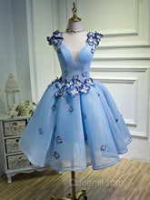 A Line V Neck Short Blue Evening Prom Dress with Butterfly, Short Blue Evening Homecoming Dress