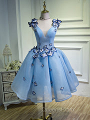 A Line V Neck Short Blue Evening Prom Dress with Butterfly, Short Blue Evening Homecoming Dress