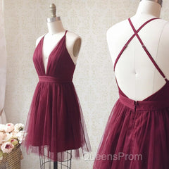 A Line V Neck Short Burgundy Backless Evening Prom Dress, Short Burgundy Backless Formal Homecoming Dress