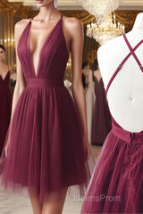 A Line V Neck Short Burgundy Backless Evening Prom Dress, Short Burgundy Backless Formal Homecoming Dress