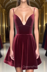 A Line V Neck Short Burgundy Evening Prom Dress, Short Wine Red Formal Homecoming Dress