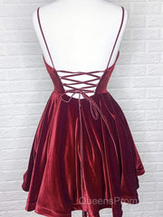 A Line V Neck Short Burgundy Evening Prom Dress, Short Wine Red Formal Homecoming Dress