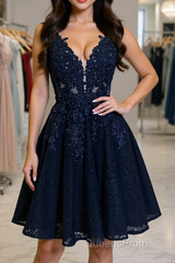 A Line V Neck Short Dark Navy Blue Lace Evening Prom Dress, Dark Navy Blue Lace Homecoming Graduation Dress