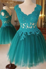 A Line V Neck Short Green-Blue Lace Evening Prom Dress, Short Lace Formal Evening Graduation Dress