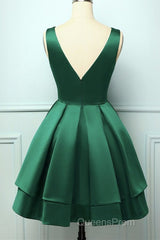 A Line V Neck Short Green Satin Evening Prom Dress, Short Green Satin Homecoming Graduation Dress