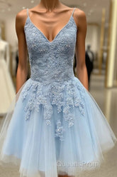 A Line V Neck Short Light Blue Lace Evening Prom Dress, Short Light Blue Lace Homecoming Dress