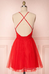 A Line V Neck Short Red/Burgundy Tulle Evening Prom Dress, Short Red/Burgundy Graduation Homecoming Dress