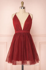 A Line V Neck Short Red/Burgundy Tulle Evening Prom Dress, Short Red/Burgundy Graduation Homecoming Dress