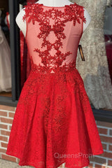 A Line V Neck Short Red Lace Evening Prom Dress, Red Lace Formal Graduation Homecoming Dress