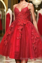 A Line V Neck Short Red Lace Evening Prom Dress, Short Red Lace Formal Homecoming Dress
