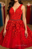 A Line V Neck Short Red Lace Evening Prom Dress, Short Red Lace Formal Homecoming Dress