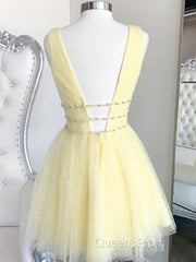 A Line V Neck Short Yellow Evening Prom Dress, Short V Neck Yellow Formal Homecoming Dress