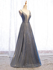 A Line V Neck Silver Gray Long Evening Prom Dress, Gray Long Formal Evening Dress