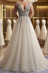 A Line V Neck Silver Gray Long Evening Prom Dress, Silver Grey Beaded Long Formal Evening Dress