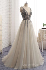 A Line V Neck Silver Gray Long Evening Prom Dress, Silver Grey Beaded Long Formal Evening Dress