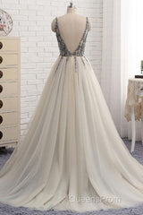 A Line V Neck Silver Gray Long Evening Prom Dress, Silver Grey Beaded Long Formal Evening Dress