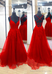 A-line V Neck Sleeveless Chapel Train Tulle Prom Dresses With Appliqued Lace
