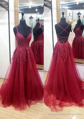 A-line V Neck Sleeveless Chapel Train Tulle Prom Dresses With Appliqued Lace
