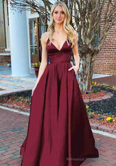 A-line V Neck Sleeveless Charmeuse Long/Floor-Length Prom Dresses With Pockets