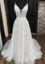 A-line V Neck Sleeveless Lace Court Train Prom Dresses With Pleated