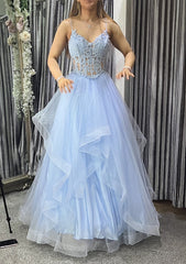 A-line V Neck Sleeveless Long/Floor-Length Tulle Charmeuse Prom Dresses With Appliqued Lace