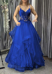 A-line V Neck Sleeveless Long/Floor-Length Tulle Charmeuse Prom Dresses With Appliqued Lace