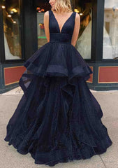 A-line V Neck Sleeveless Long/Floor-Length Tulle Glitter Prom Dresses With Pleated