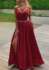 A-line V Neck Sleeveless Satin Sweep Train Prom Dresses With Pockets Waistband Split