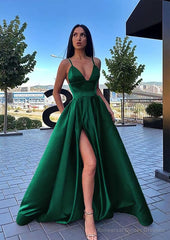 A-line V Neck Sleeveless Sweep Train Satin Prom Dresses