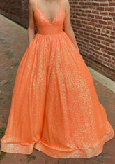 A-line V Neck Sleeveless Sweep Train Sequined Prom Dresses with Pockets