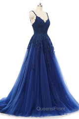 A-line V-neck Spaghetti strap Floor-length Sleeveless Backless Appliques Lace Elegant Evening Prom Dress