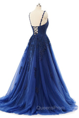 A-line V-neck Spaghetti strap Floor-length Sleeveless Backless Appliques Lace Elegant Evening Prom Dress
