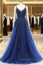 A-line V-neck Spaghetti strap Floor-length Sleeveless Backless Appliques Lace Elegant Evening Prom Dress